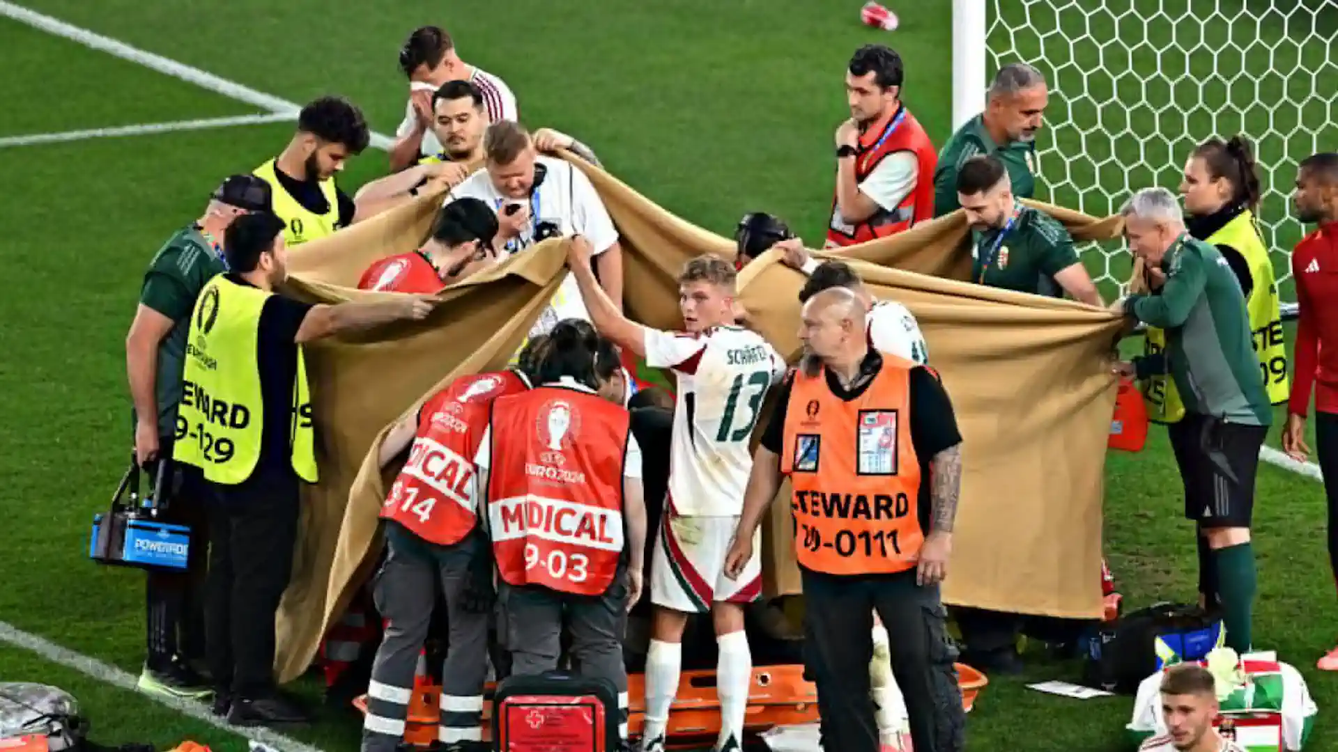 Terrifying moment in the Scotland vs Hungary match at EURO 2024. Varga taken to hospital