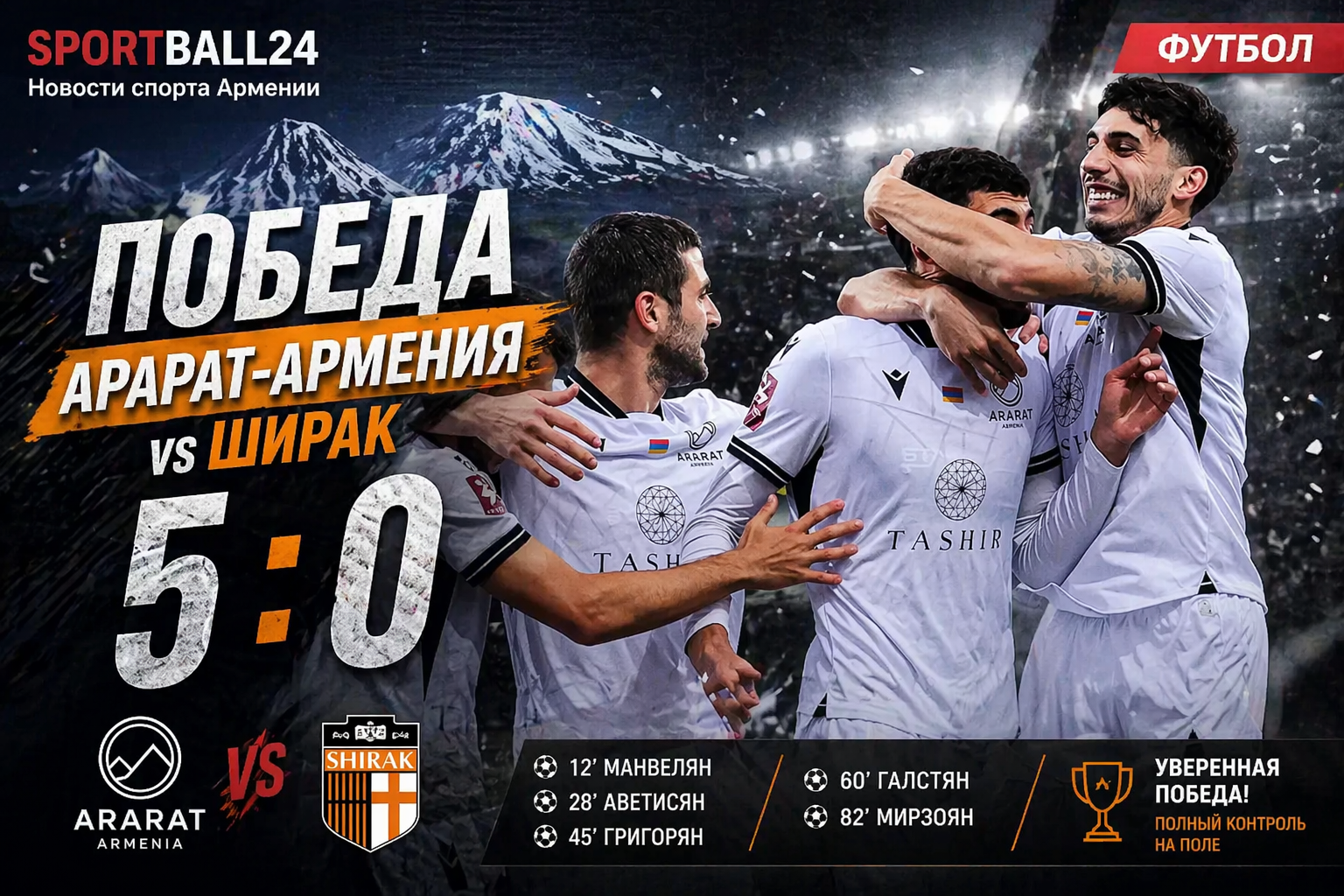 Победа Арарат-Армения vs Ширак с разгромным счетом