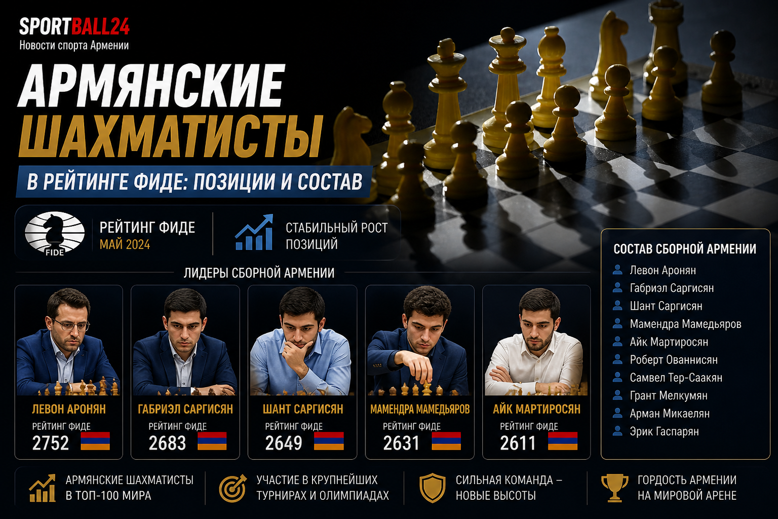 Армянские шахматисты в рейтинге ФИДЕ: позиции и состав
