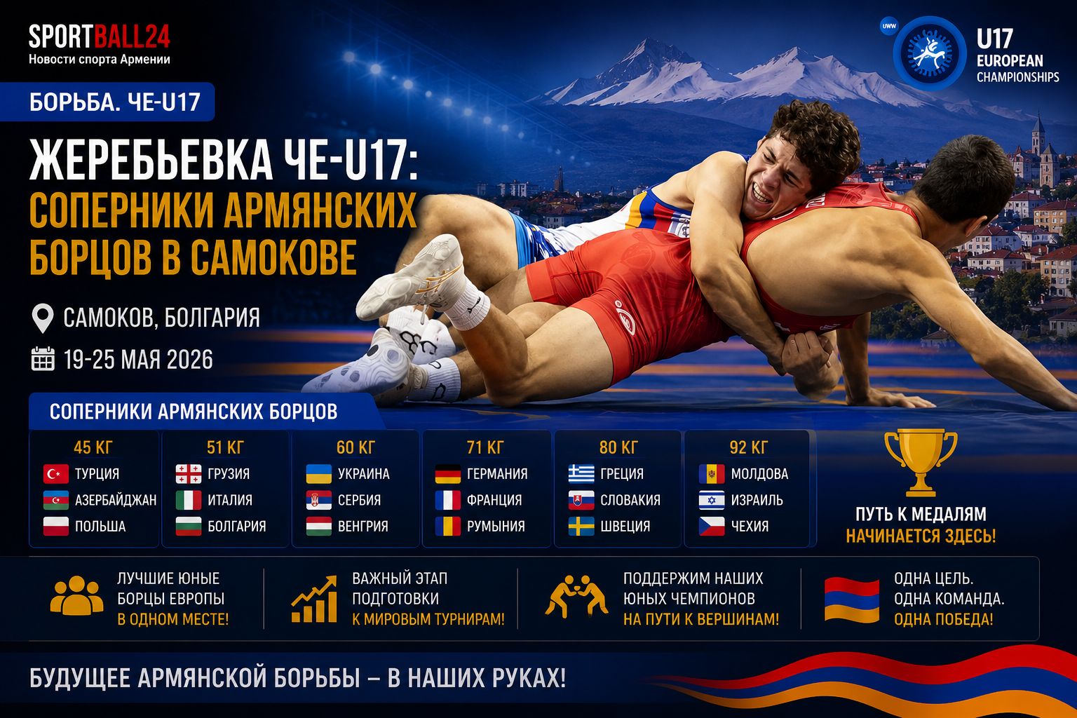 Жеребьевка ЧЕ-U17 и соперники армянских борцов в Самокове