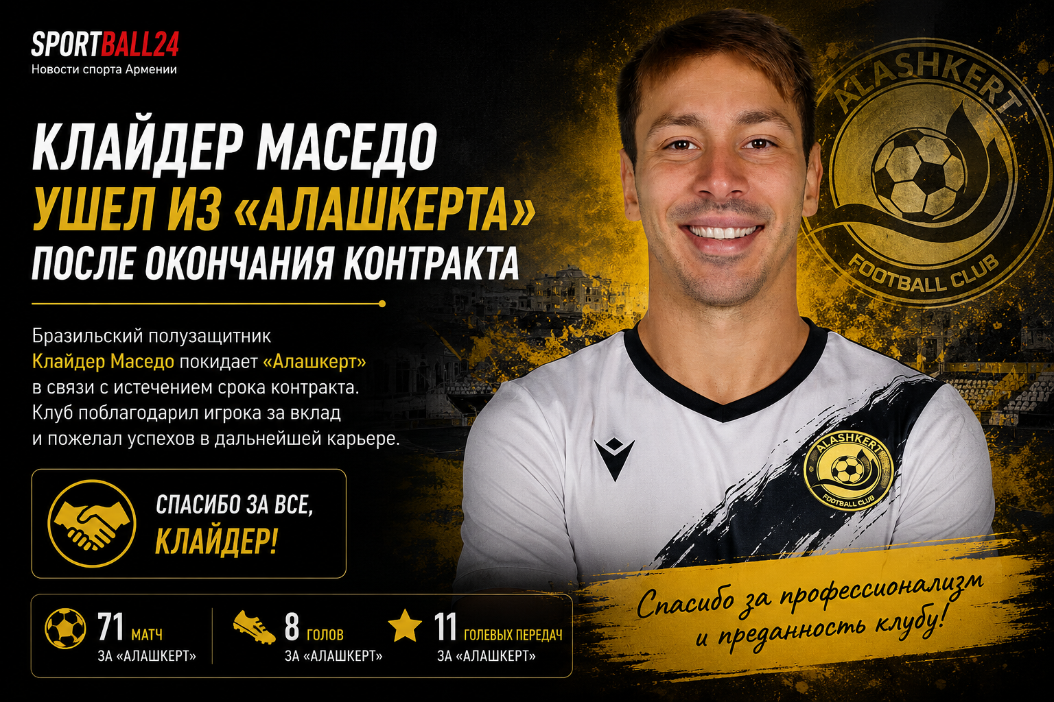 Клайдер Маседо ушел из «Алашкерта» после окончания контракта