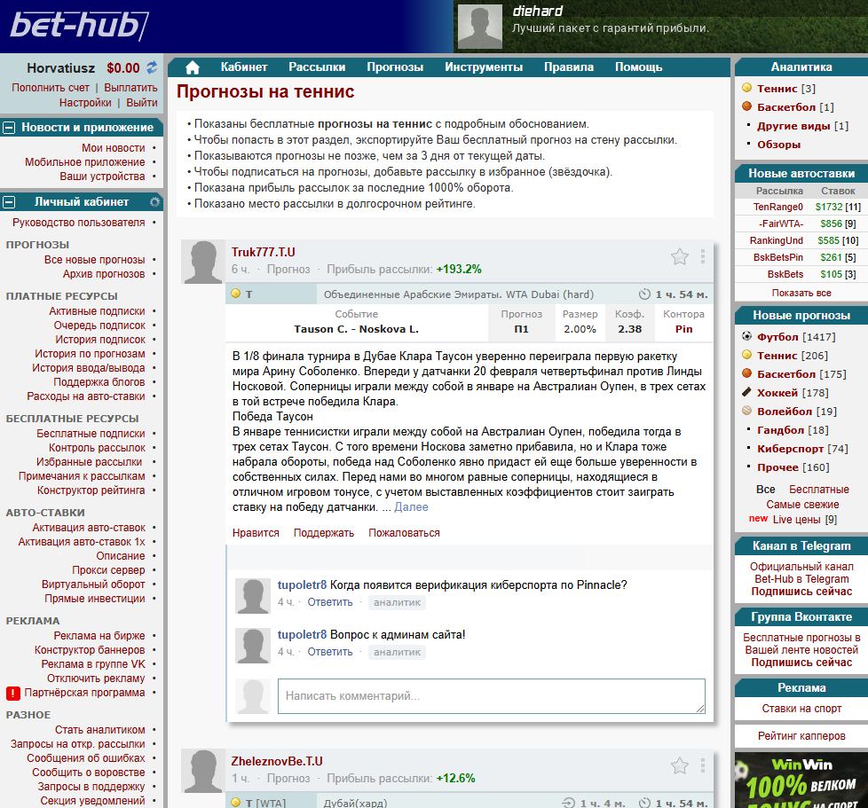 Пример интерфейса популярной биржи капперов https://bet-hub.com